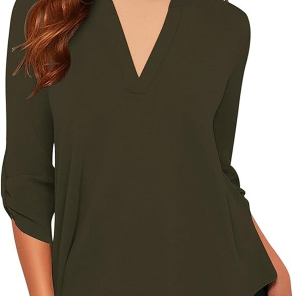 NWOT- Women's Chiffon V-Neck Business Casual Blouse with Cuffed Sleeves - Picture 1 of 8